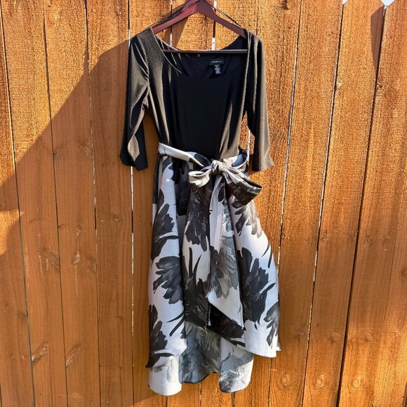 R&M Richards Black & Grey Floral High-Lo Tie Dress 3/4 Sleeves Size 14 - Picture 1 of 7
